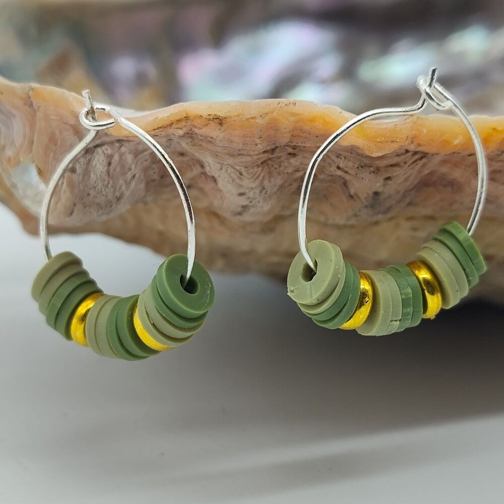 Silver Tone Hoop Earrings Green Silicon Discs Gold Tone Discs Women’s Bohemian